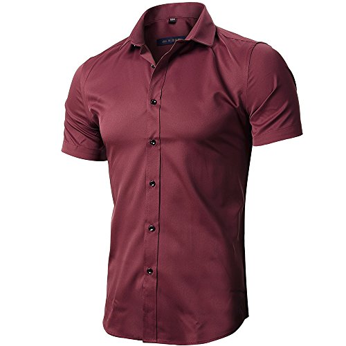 INFLATION Herren Hemd aus Bambusfaser umweltfreudlich Elastisch Slim Fit für Freizeit Business Hochzeit Reine Farbe Hemd Kurzarm Herren-Hemd Weinrot DE 2XL (Etikette 44) von INFLATION