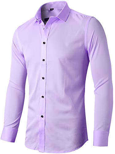 INFlATION Herren Hemd aus Bambusfaser umweltfreudlich Elastisch Slim Fit für Freizeit Business Hochzeit Reine Farbe Hemd Langarm,DE L (Etikette 42),Hellviolett von INFLATION