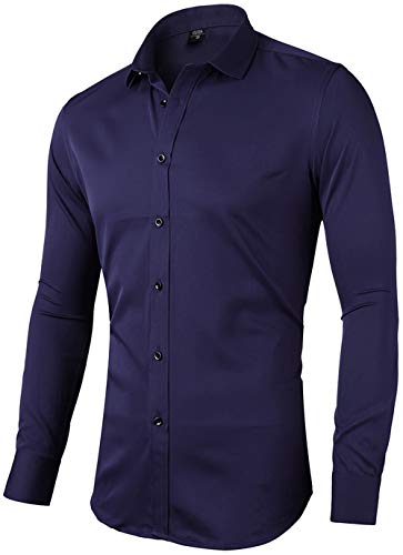 INFlATION Herren Hemd aus Bambusfaser umweltfreudlich Elastisch Slim Fit für Freizeit Business Hochzeit Reine Farbe Hemd Langarm,DE L (Etikette 42),Navy Blau von INFLATION