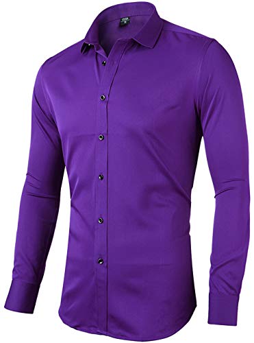 INFlATION Herren Hemd aus Bambusfaser umweltfreudlich Elastisch Slim Fit für Freizeit Business Hochzeit Reine Farbe Hemd Langarm,DE L (Etikette 42),Violett von INFLATION