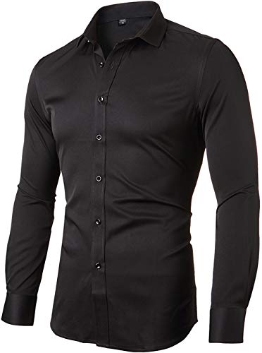 INFlATION Herren Hemd aus Bambusfaser umweltfreudlich Elastisch Slim Fit für Freizeit Business Hochzeit Reine Farbe Hemd Langarm,DE S (Etikette 40),Schwarz von INFLATION