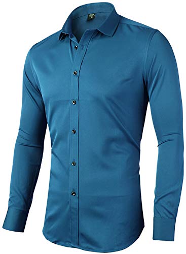INFlATION Herren Hemd aus Bambusfaser umweltfreudlich Elastisch Slim Fit für Freizeit Business Hochzeit Reine Farbe Hemd Langarm,DE XL (Etikette 43),Blau von INFLATION