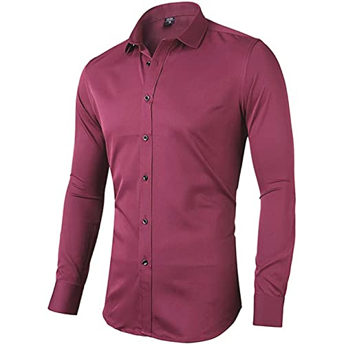 INFlATION Herren Hemd aus Bambusfaser umweltfreudlich Elastisch Slim Fit für Freizeit Business Hochzeit Reine Farbe Hemd Langarm,DE L (Etikette 42),Rot von INFLATION