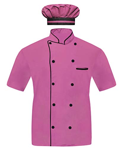 INFOHANDMADE Modellierende Herren Kochjacke Halbarm in 10 Farben Kochmantel mit Kappe, Pink, Large von INFOHANDMADE
