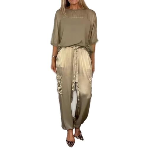 INFORMPOT Damen-Set aus glattem Satin, halblange Ärmel, Oberteil und Hose, lässiger Sommer, Satin, zweiteiliges Outfit, Lounge-Set, khaki, 46 von INFORMPOT