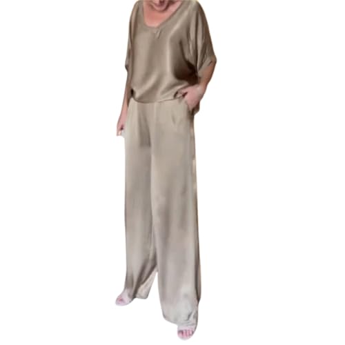 INFORMPOT Elegantes glänzendes 2-teiliges Set mit übergroßem V-Ausschnitt, Damen-Sommer, lockeres Kurzarm-Shirt, weites Bein, Hose, Satin-Anzug, khaki, 42 von INFORMPOT