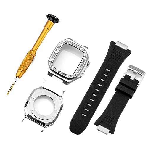 INFRI Diamant-Modifikationsset für Apple Watch Armband 44 mm, 5, 6, 7, 8, Edelstahl-Gummiband und Metallgehäuse, für Apple Watch Armband 45 mm, 41 mm, 44MM, Achat von INFRI