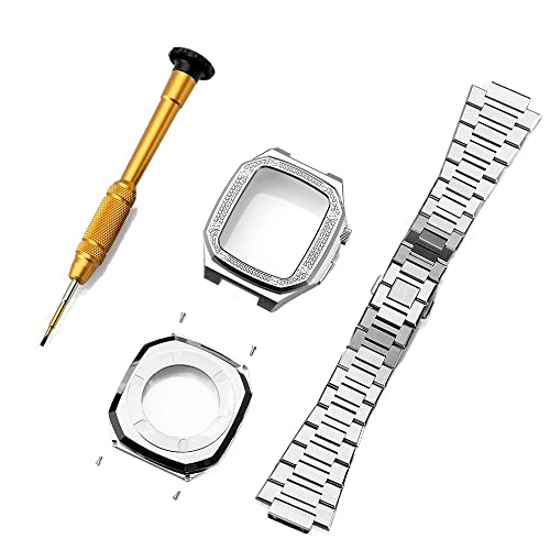 INFRI Diamant-Modifikationsset für Apple Watch Armband 44 mm, 5, 6, 7, 8, Edelstahl-Gummiband und Metallgehäuse, für Apple Watch Armband 45 mm, 41 mm, 45 mm, Achat von INFRI