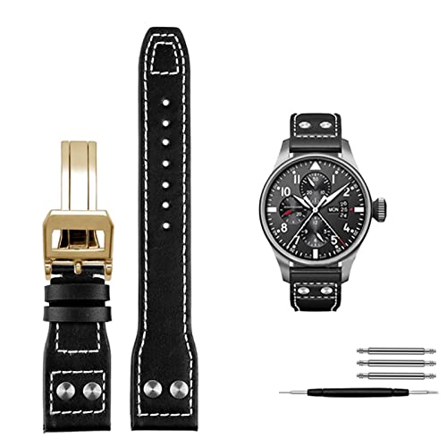 INFRI Echte Ledernieten Uhrenband für Iwc Big Pilot Spitfire Cowhide Faltschnalle Watch Männer Riemen 21mm 22 mm(Black gold clasp,22mm) von INFRI
