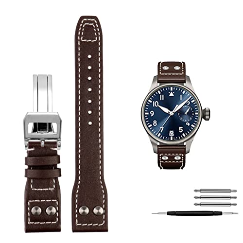 INFRI Echte Ledernieten Uhrenband für Iwc Big Pilot Spitfire Cowhide Faltschnalle Watch Männer Riemen 21mm 22 mm(Brown silver clasp,22mm) von INFRI