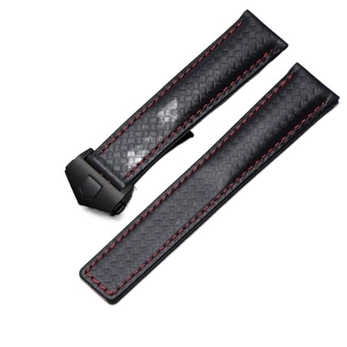 INFRI Kohlefasertextur echtes Lederboden -Uhrband für SCHILD Armband schwarz mit roter Liniegurt 20 mm mit Klappschnalle(Black red black,22mm) von INFRI