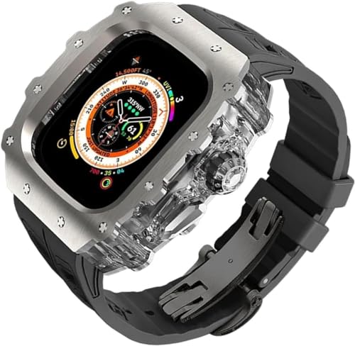 INFRI Luxus-Uhrengehäuse, Silikon-Uhrenarmband, Mod-Kit, für Apple Watch Serie 45 mm, 44 mm, 49 mm, Titan-transparente Uhrenabdeckung und Metallverschluss, für iWatch 8/7/6/5/4/SE-Serie, von INFRI