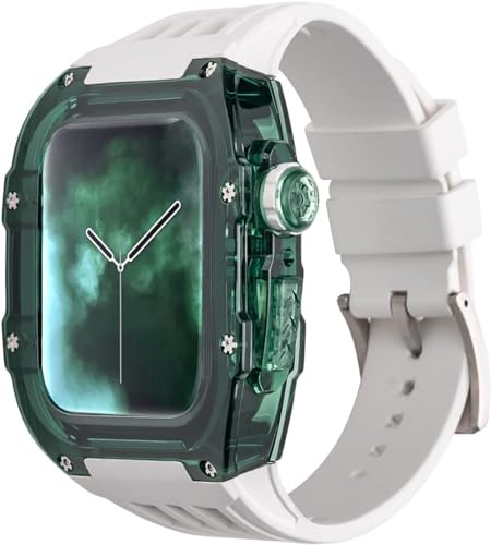 INFRI Volltransparentes Uhrengehäuse, Fluorkautschukband, für Apple Watch Serie Ultra 2, 9, 8, 7, 6, 5, 49 mm, 45 mm, 44 mm, stoßfester, transparenter Rahmen, Lünette, Uhrengehäuse-Armband, Mod Kit, von INFRI