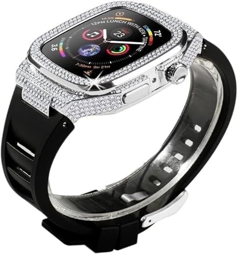 INFRI Zirkon Uhrengehäuse, Gummiband, für Apple Watch 8, 7, 45 mm, Metalllünette und Schnalle, Fluorkautschukband, für iWatch SE 6, 5, 4, 44 mm, Nachrüst-Set, 44MM, Achat von INFRI