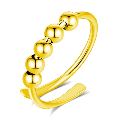 INFUSEU Anti Stress Ring, Fidget Angstring Ringe Verstellbar Bead Einstellbare Spinner Worry Schmuck Anxiety Ring Geschenk für Frauen Damen Mädchen (02-Gold2) von INFUSEU
