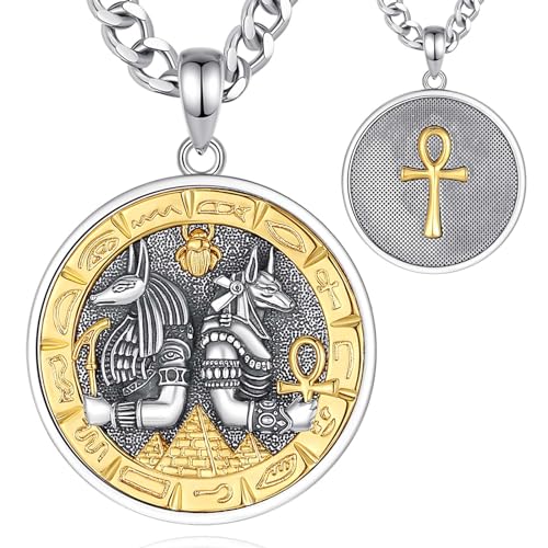 INFUSEU Anubis Kette, Ägyptische Geschenke Ankh Kreuz Anhänger Halskette 925 Sterling Silber Doppelseitige Vintage Ägypten Gott Schmuck Ornamente Statue Geschenke für Frauen Männer von INFUSEU