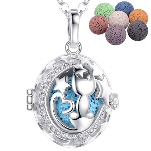 INFUSEU Aromatherapie Aroma Diffuser Kette, Katzen Versilbert Anhänger Diffusor für Atherische Ole Duftstein Damen Meditationskette Schmuck mit 24 "Kette & 7 Wiederverwendbaren Lava Perlen von INFUSEU