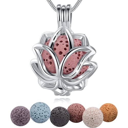 INFUSEU Aromatherapie Aroma Diffuser Kette, Lotus Versilbert Anhänger Duftstein Damen Meditationskette Schmuck mit 24 "Kette & 7 wiederverwendbaren Lava Perlen von INFUSEU