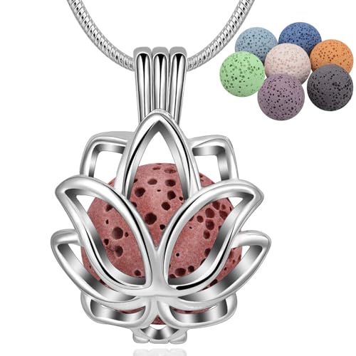 INFUSEU Aromatherapie Aroma Diffuser Kette, Lotus Versilbert Anhänger Duftstein Damen Meditationskette Schmuck mit 24 "Kette & 7 wiederverwendbaren Lava Perlen von INFUSEU