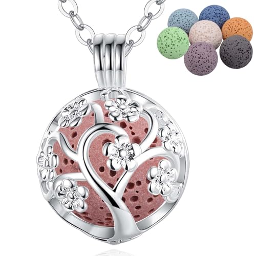 INFUSEU Aromatherapie Aroma Diffuser Kette, Sakura Tree Versilbert Frauen Duftstein Halskette Klassischen Anhänger Meditations Kette Stimmungskette Lavastein Diffuser Frauen Schmuck von INFUSEU