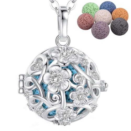 INFUSEU Aromatherapie Kette, KirschblüTen Versilberter AnhäNger Halskette Diffuser AnhäNger Schmuck Aroma Diffuser Kette DuftanhäNger Geschenk Für Frauen von INFUSEU