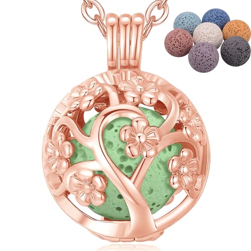 INFUSEU Aromatherapie Kette, Kirschblüten Roségold Aroma Diffuser Kette Anhänger Halskette kette Muster Anhänger Duftstein Damen Schmuck von INFUSEU