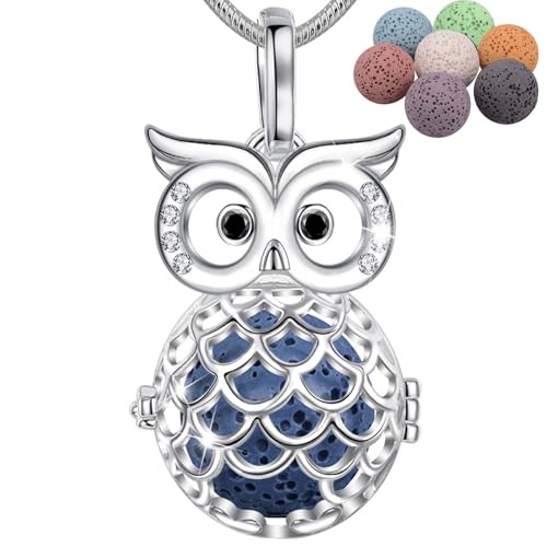 INFUSEU Aromatherapie Kette Aroma Diffuser, Versilbert Groß Auge Eule Medaillon Anhänger Duftstein Meditationskette Damen Schmuck mit 24 "Kette & 7 wiederverwendbaren Lava Perlen von INFUSEU