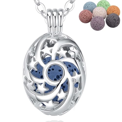INFUSEU Aromatherapie Kette Aroma Diffuser, Versilbert Versilberter Ellipse Stern Anhänger Duftstein Meditationskette Damen Schmuck mit 24 "Kette & 7 wiederverwendbaren Lava Perlen von INFUSEU