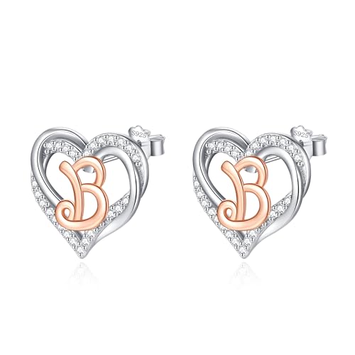 INFUSEU Buchstaben Ohrring, 925 Sterling Silber B Ohrstecker Initial Kleine Ohrringe Rosegold Herz Buchstabe A-Z Vorname Alphabet Initialen Personalisierter Schmuck Geschenke für Frauen Mädchen Damen von INFUSEU