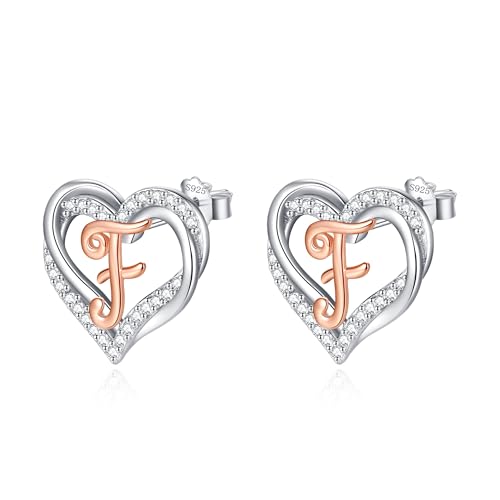 INFUSEU Buchstaben Ohrring, 925 Sterling Silber F Ohrstecker Initial Kleine Ohrringe Rosegold Herz Buchstabe A-Z Vorname Alphabet Initialen Personalisierter Schmuck Geschenke für Frauen Mädchen Damen von INFUSEU