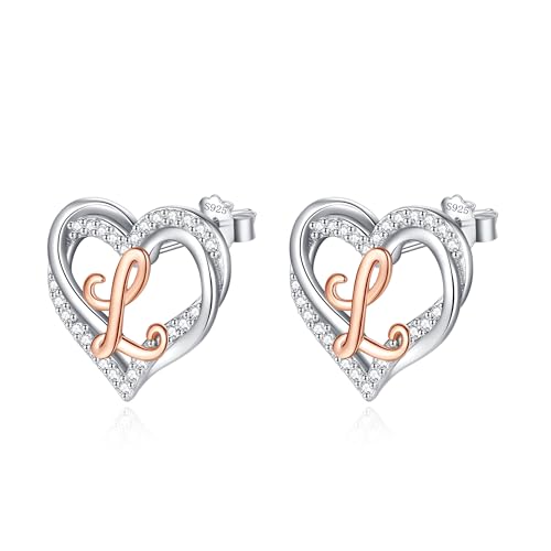 INFUSEU Buchstaben Ohrring, 925 Sterling Silber L Ohrstecker Initial Kleine Ohrringe Rosegold Herz Buchstabe A-Z Vorname Alphabet Initialen Personalisierter Schmuck Geschenke für Frauen Mädchen Damen von INFUSEU