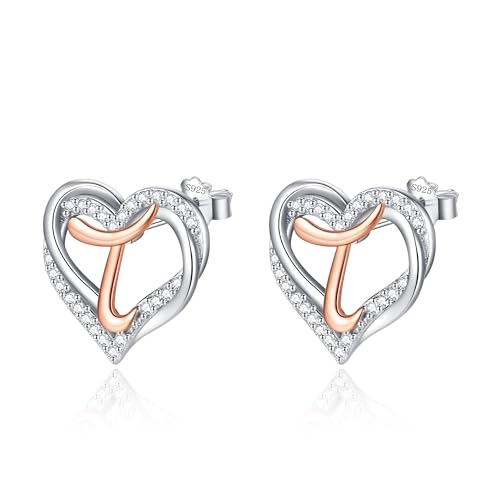 INFUSEU Buchstaben Ohrring, 925 Sterling Silber T Ohrstecker Initial Kleine Ohrringe Rosegold Herz Buchstabe A-Z Vorname Alphabet Initialen Personalisierter Schmuck Geschenke für Frauen Mädchen Damen von INFUSEU