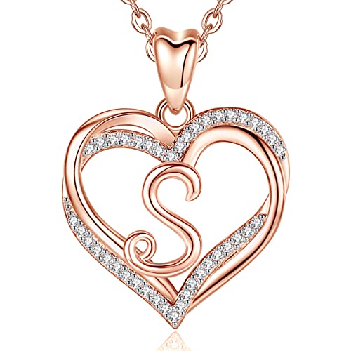 INFUSEU Damen Herz Initial Halskette, Roségold S Buchstabe Anhänger Zirkonia CZ Schmuck für Frauen Frau Mutter Freundin Geschenke, 20 Zoll Kette von INFUSEU