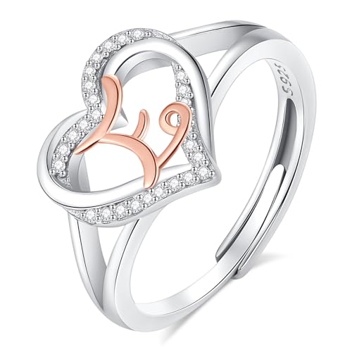 INFUSEU Damen Ring Mit Initialen, 925 Sterling Silber E Buchstabe Herz Offener Ringe Buchstabenform Initial Name Alphabet A-Z Verstellbar Personalisierter Schmuck Geschenke für Frauen Damen Mädchen von INFUSEU