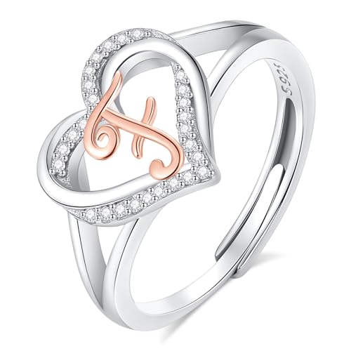 INFUSEU Damen Ring Mit Initialen, 925 Sterling Silber F Buchstabe Herz Offener Ringe Buchstabenform Initial Name Alphabet A-Z Verstellbar Personalisierter Schmuck Geschenke für Frauen Damen Mädchen von INFUSEU