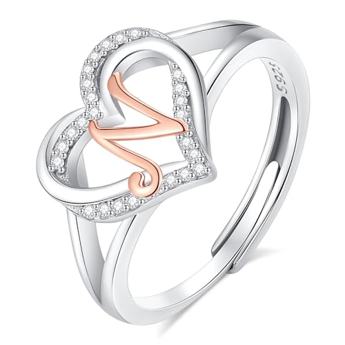 INFUSEU Damen Ring Mit Initialen, 925 Sterling Silber N Buchstabe Herz Offener Ringe Buchstabenform Initial Name Alphabet A-Z Verstellbar Personalisierter Schmuck Geschenke für Frauen Damen Mädchen von INFUSEU