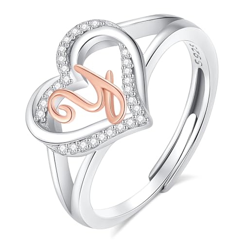 INFUSEU Damen Ring Mit Initialen, 925 Sterling Silber Y Buchstabe Herz Offener Ringe Buchstabenform Initial Name Alphabet A-Z Verstellbar Personalisierter Schmuck Geschenke für Frauen Damen Mädchen von INFUSEU