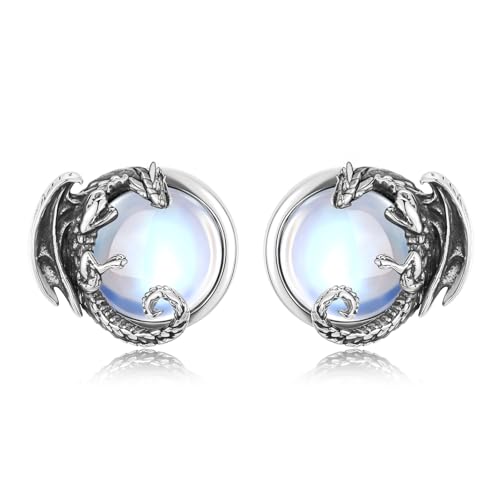 INFUSEU Drachen Ohrringe, 925 Sterling Silber Wikinger Mondstein Ohrstecker Drache Gothic Anime Tiere Schmuck für Damen Frauen von INFUSEU