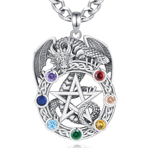 INFUSEU Wikinger Halskette für Männer, 925 Sterling Silber Lebensbaum Yggdrasil Anhänger Wolf Schmuck Valknut Jormungandr Odin Raven Allah Geschenk für Männer (02-Chakra Drache) von INFUSEU