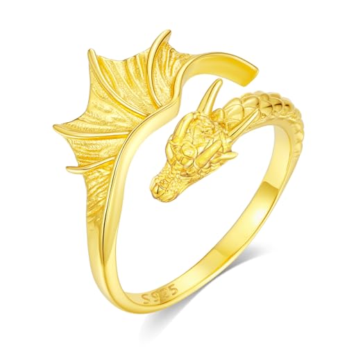 INFUSEU Drachen Ringe Drachenring Silber 925 Vergoldet Verstellbar Gothic Tiere Wikinger Drache Schmuck für Herren Damen von INFUSEU