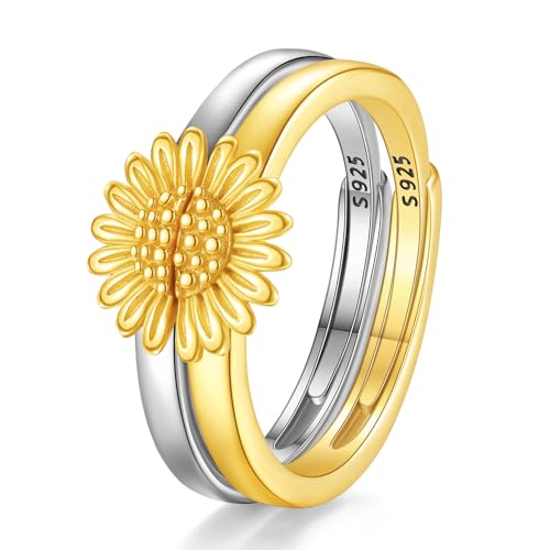 INFUSEU Gänseblümchen Ring, Vergoldet Sterling Silber 925 Sonnenblumen Verstellbarer Finger Umarmen Ringe Ringset Schmuck Freundschaftsringe für Frauen Mädchen von INFUSEU