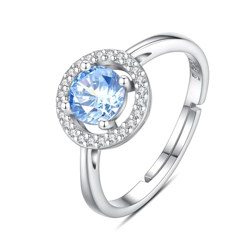 INFUSEU Geburtsstein Ring, 925 Sterling Silber Geburtsstein Aquamarin Ringe für Damen Juni Personalisierbar Verstellbar Offene Bänder Zirkonia Ringe Geschenke für Frauen Mädchen von INFUSEU