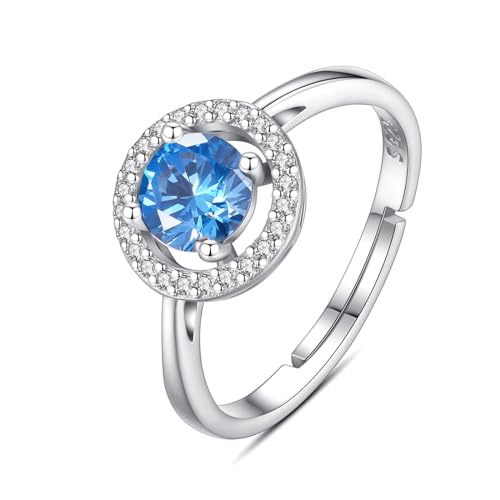 INFUSEU Geburtsstein Ring, 925 Sterling Silber Geburtsstein Meerblau Ringe für Damen April Personalisierbar Verstellbar Offene Bänder Zirkonia Ringe Geschenke für Frauen Mädchen von INFUSEU