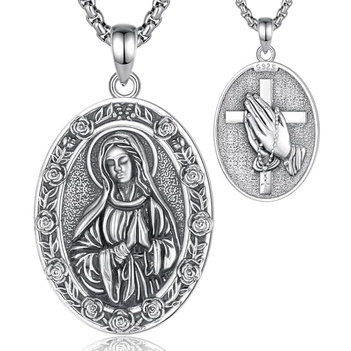 INFUSEU Heilige Maria Kette, 925 Sterling Silber Christen Wundertätige Medaille Christliche Halsketten Schutzgeschenk für Sie Frauen von INFUSEU