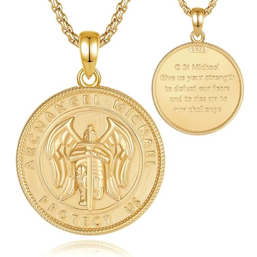 INFUSEU Heiliger Michael Anhänger, Erzengel Michael Kette Saint Elliptical 925 Silber 18K Gold Halskette Krieger Michael Medaille für Männer Frauen von INFUSEU