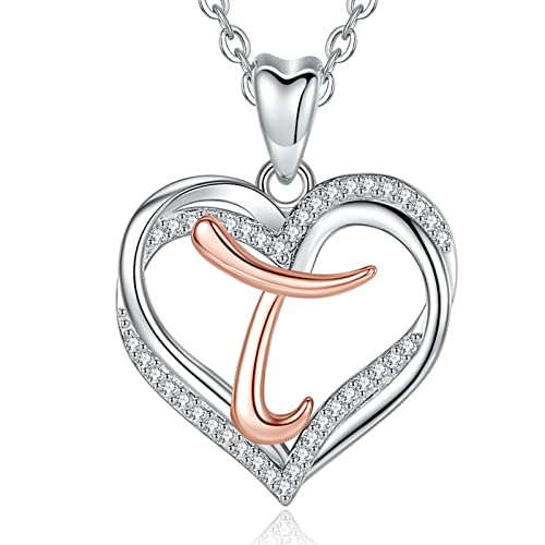 INFUSEU Herz Halskette mit Initial T, 925 Sterling Silber Buchstabe Schmuck Zirkonia CZ fur Frauen Dame Frau Mutter Freundin Romantische Geschenke, 20 Zoll Kette von INFUSEU