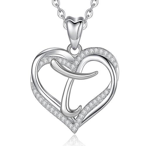 INFUSEU Herz Kette mit Buchstaben, T Brief Schmuck Cubic Zirconia CZ für Frauen Frau Frau Mutter Freundin romantische Geschenke, 20-Zoll-Kette von INFUSEU