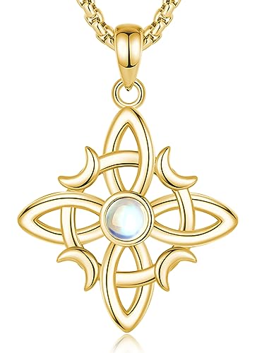 INFUSEU Hexen Knoten Kette, 925 Sterling Silber Gold Mondstein Hexerei Knoten Anhänger Wicca Irisch Keltisch Magisches Symbol Schmuck Alte Hexerei Charme Geschenke für Frauen von INFUSEU