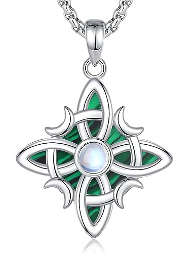 INFUSEU Hexen Knoten Kette, 925 Sterling Silber Malachit Mondstein Hexerei Knoten Anhänger Wicca Irisch Keltisch Magisches Symbol Schmuck Alte Hexerei Charme Geschenke für Frauen von INFUSEU