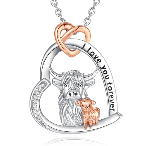 INFUSEU Highland Kuh Kette, Familie Kette Hochland Tier Anhänger 925 Sterling Silber Mutter Und Tochter Mode Schmuck Muttertags Geschenk für Oma Tante von INFUSEU